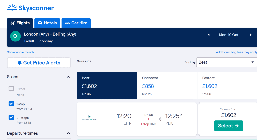 Screenshot showing flight price from london to beijing in july 2022 for a flight in october 2022